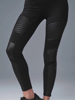 ALO Yoga Black Ribbed Moto-Panel Leggings